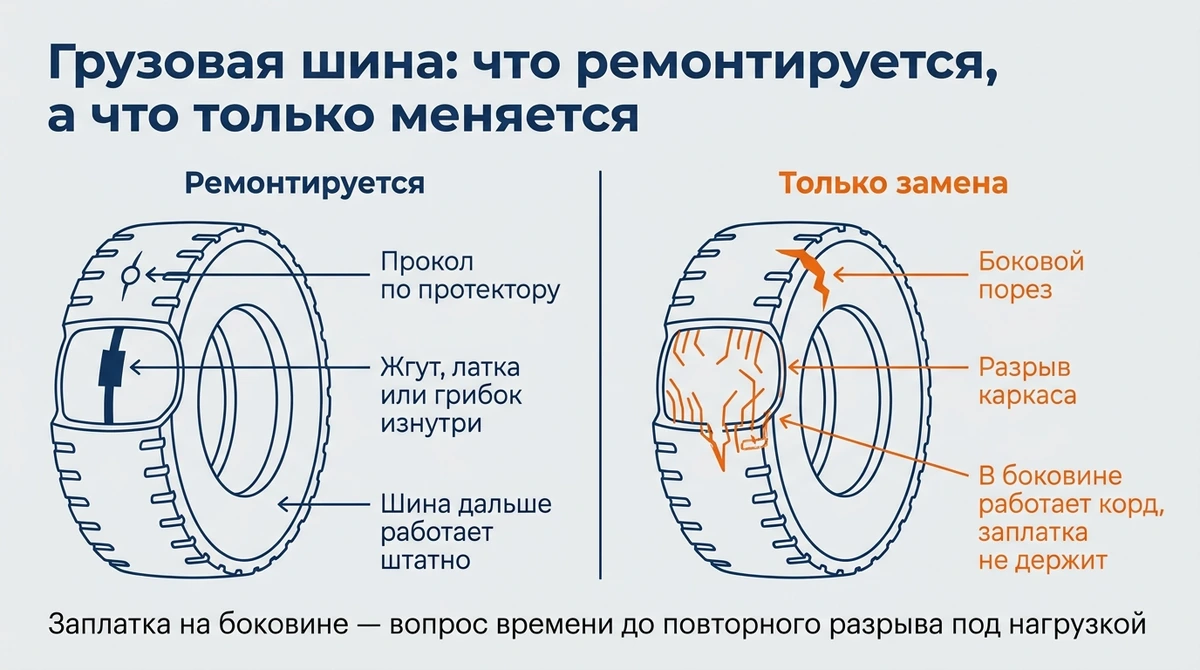 Прокол по протектору ремонтируется, боковой порез и разрыв каркаса требуют замены шины