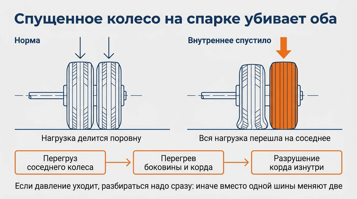 На спарке нагрузка делится поровну, но при спущенном внутреннем колесе вся она переходит на соседнее: перегруз, перегрев боковины и разрушение корда